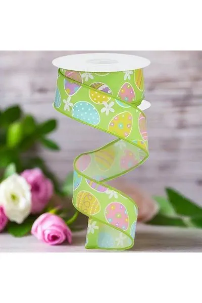 1.5" Easter Eggs on Royal Ribbon: Green (10 Yards)