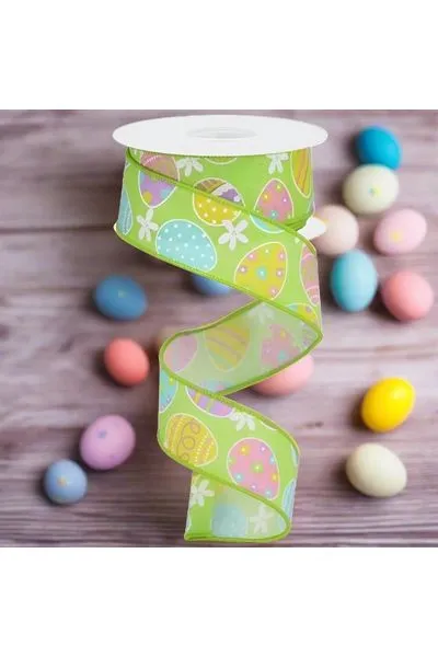 1.5" Easter Eggs on Royal Ribbon: Green (10 Yards)