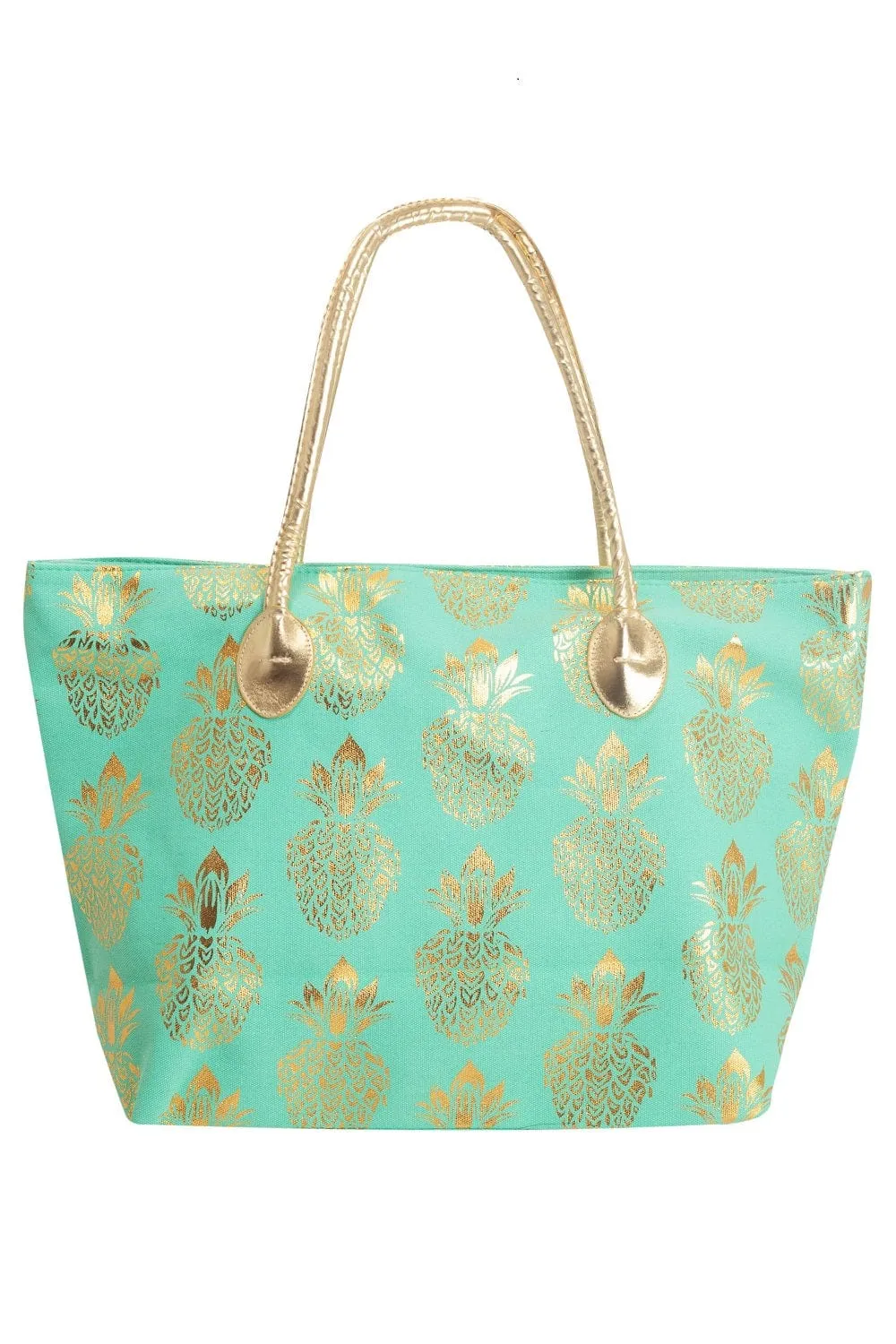 B766  Metal Gold Pineapple Large Beach Tote Bag