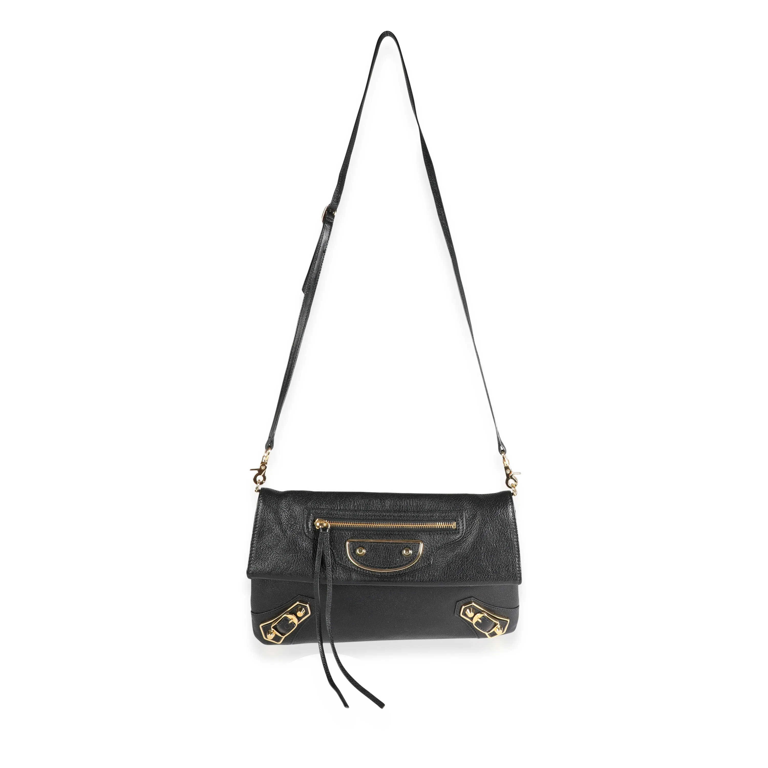 Balenciaga Black Chèvre Leather & Gold Metallic Edge Hardware Envelope Clutch