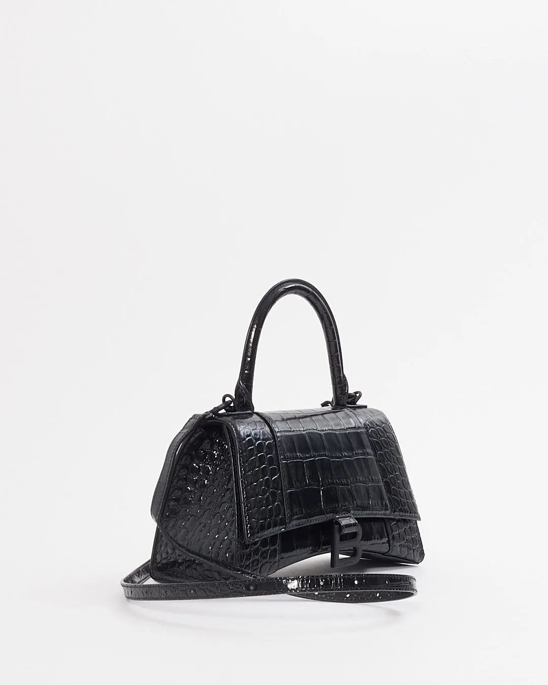 Balenciaga Black on Black Croc Embossed Leather Small Hourglass Bag