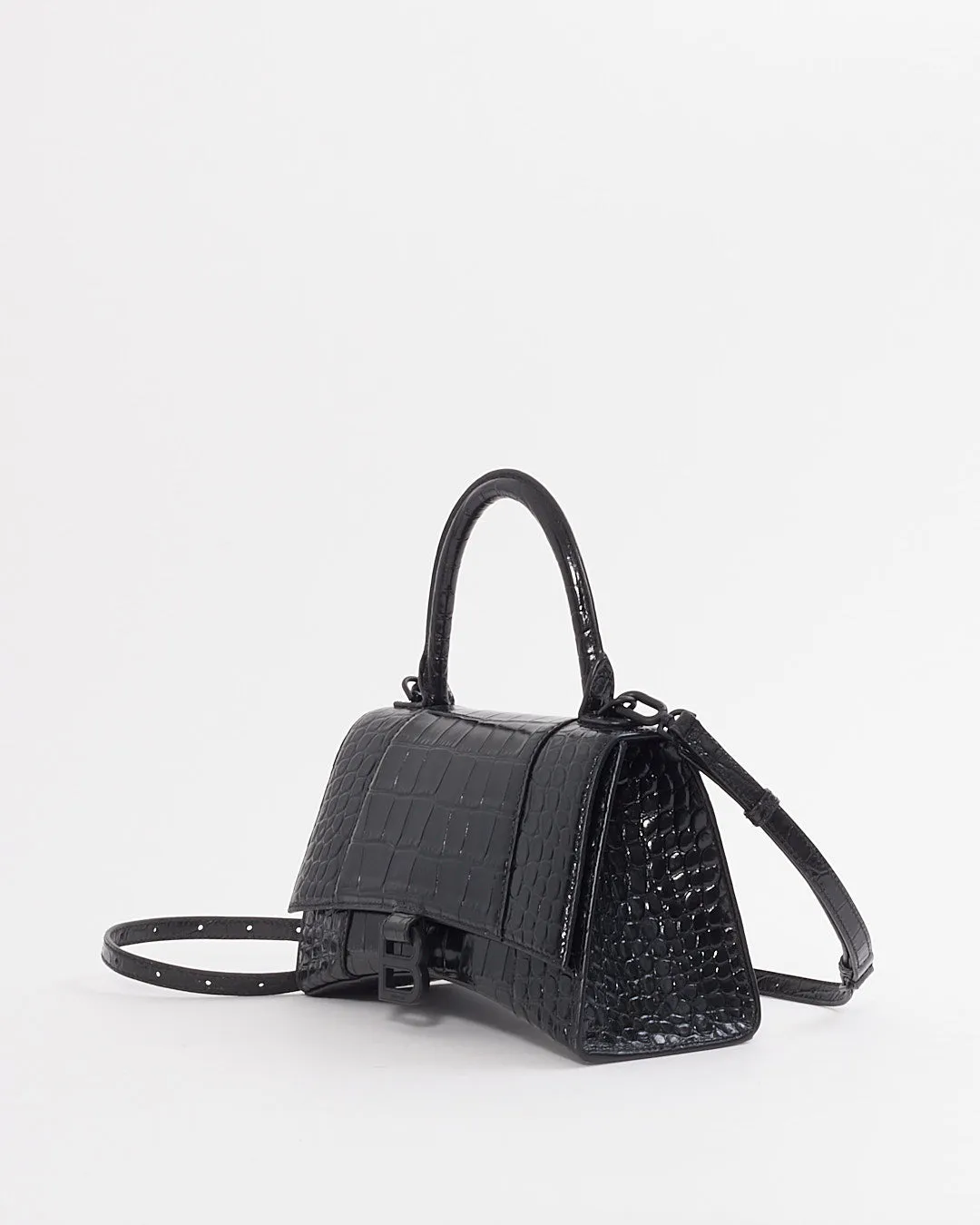 Balenciaga Black on Black Croc Embossed Leather Small Hourglass Bag