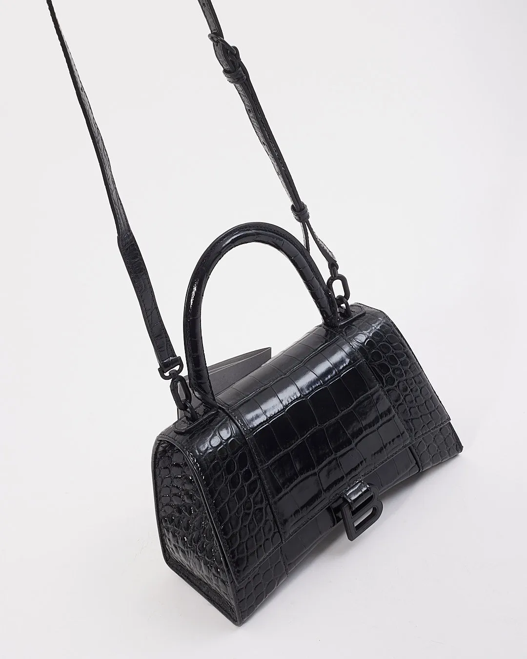 Balenciaga Black on Black Croc Embossed Leather Small Hourglass Bag