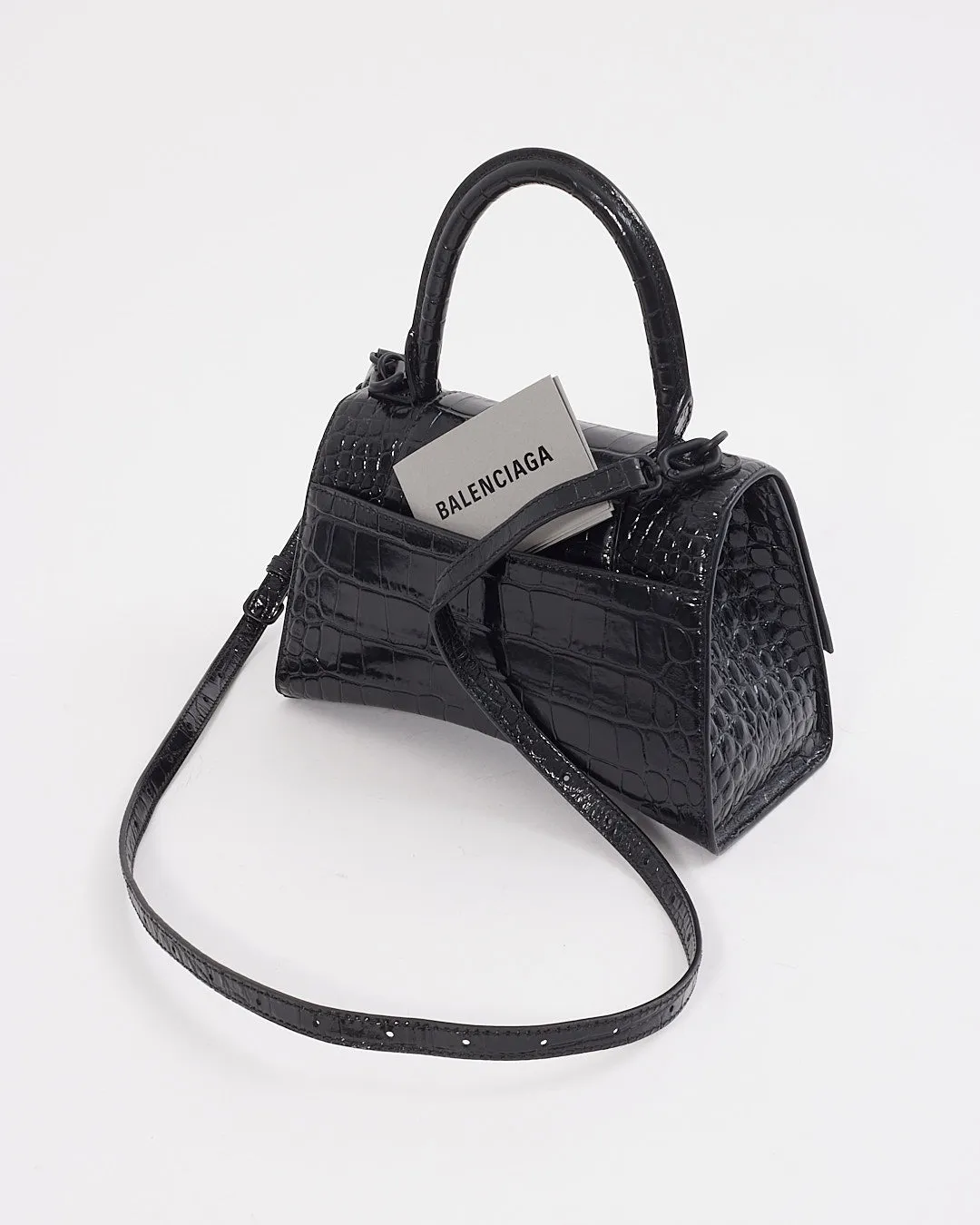 Balenciaga Black on Black Croc Embossed Leather Small Hourglass Bag