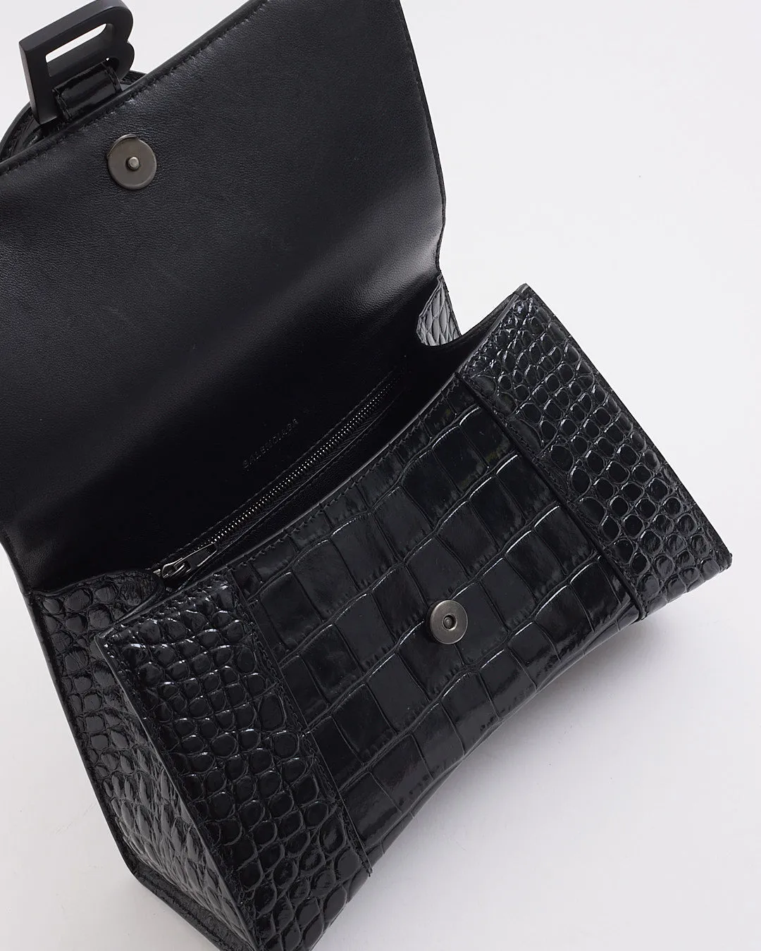 Balenciaga Black on Black Croc Embossed Leather Small Hourglass Bag