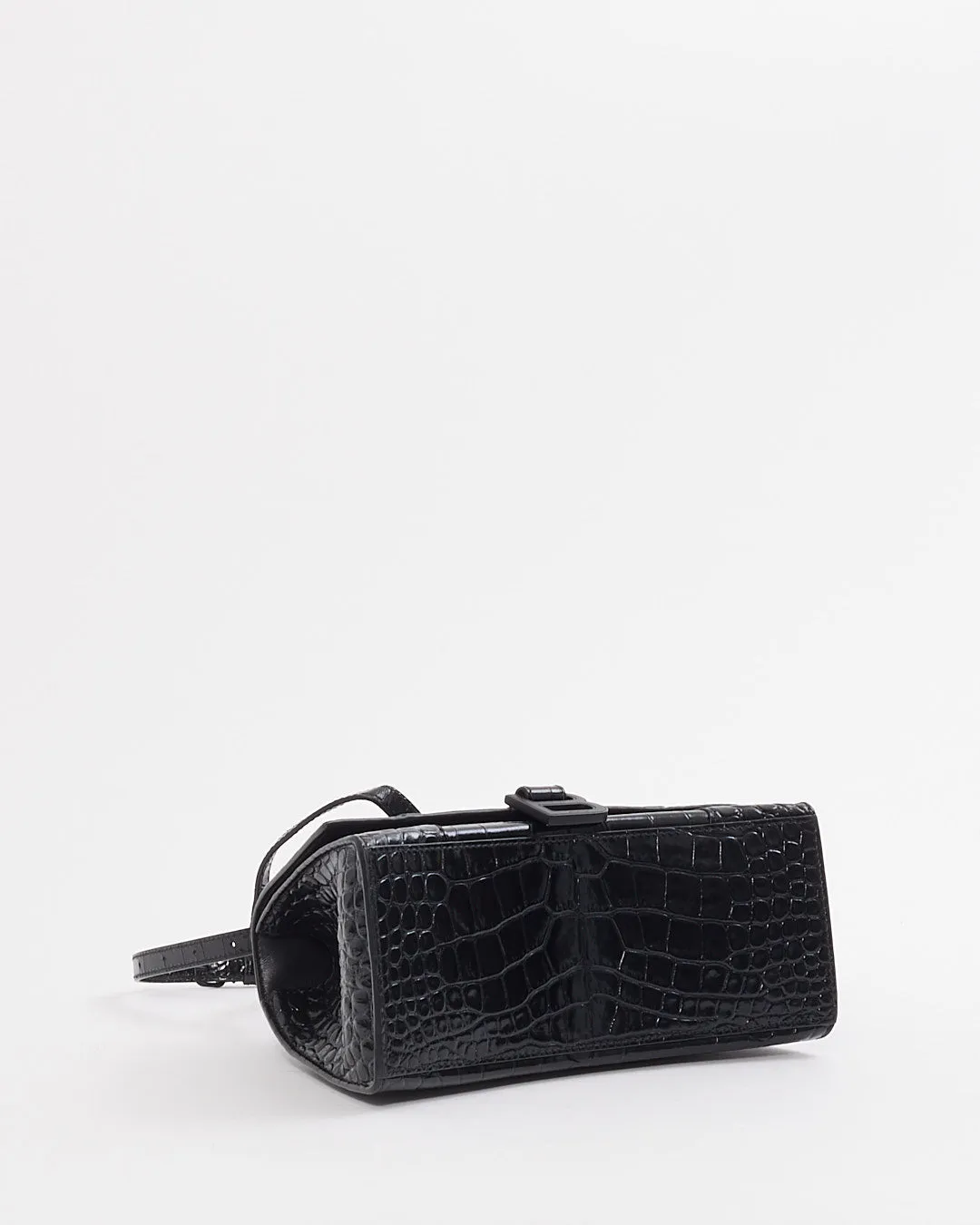 Balenciaga Black on Black Croc Embossed Leather Small Hourglass Bag