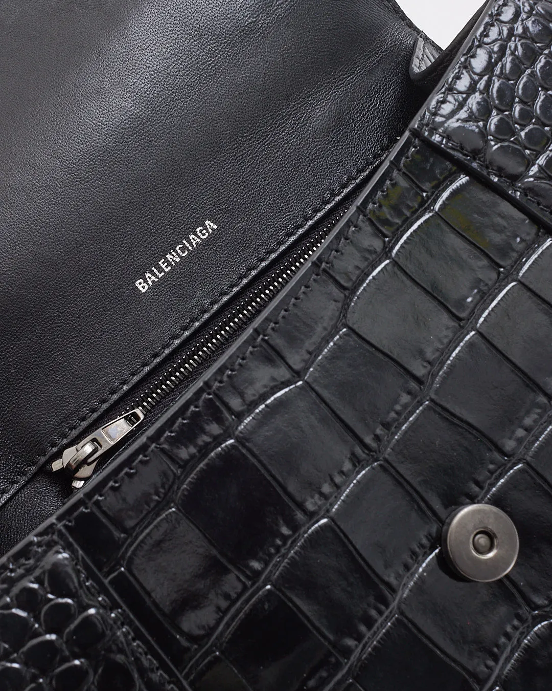 Balenciaga Black on Black Croc Embossed Leather Small Hourglass Bag