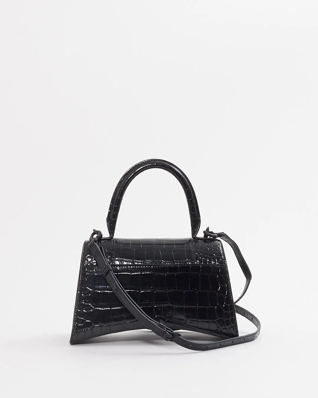 Balenciaga Black on Black Croc Embossed Leather Small Hourglass Bag