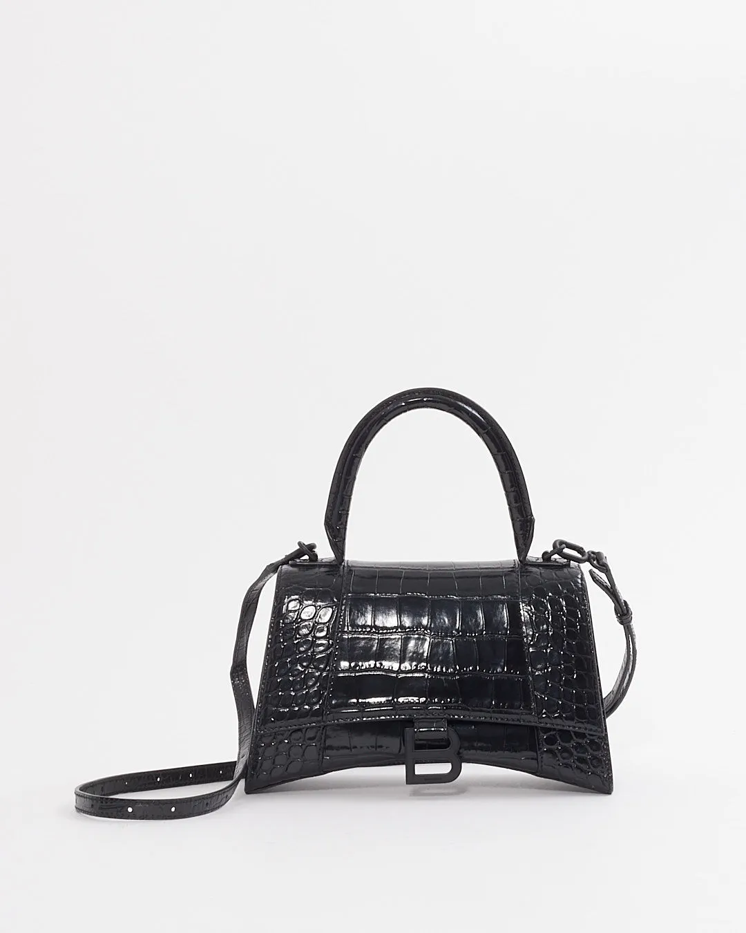 Balenciaga Black on Black Croc Embossed Leather Small Hourglass Bag