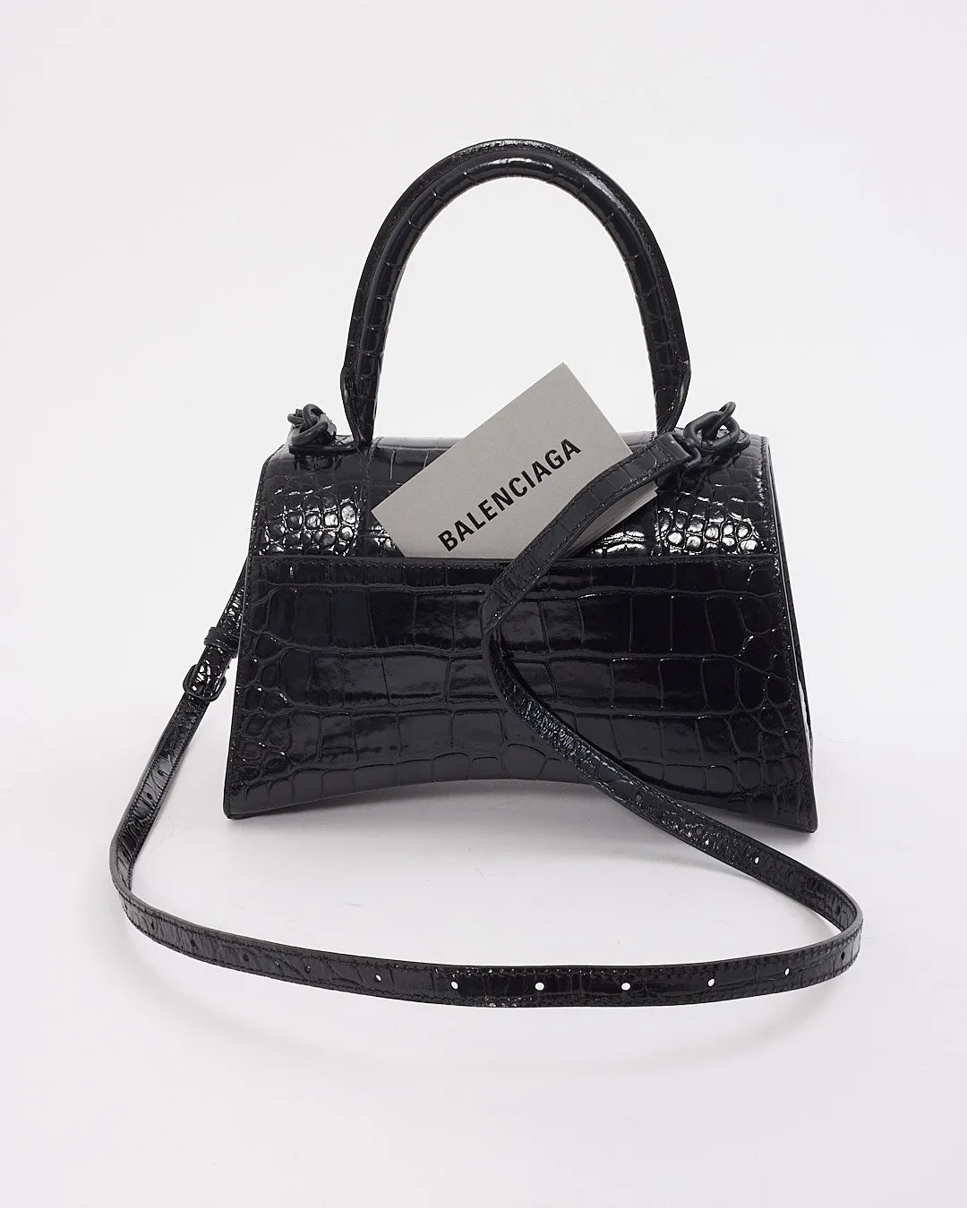 Balenciaga Black on Black Croc Embossed Leather Small Hourglass Bag