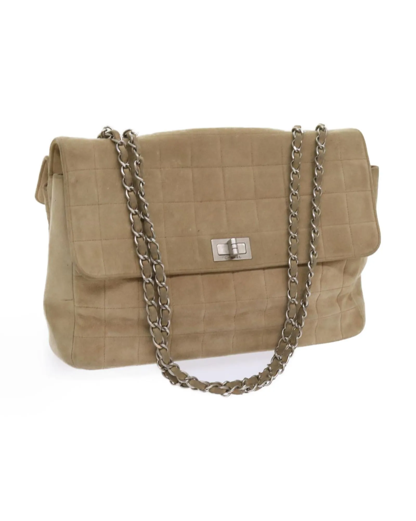 Beige Suede Chain Shoulder Bag with CC Logo Detail - Authentic CHANEL