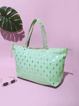 Berrylush Women Green Cactus Printed Canvas Zipper-Up Structured Oversized Tote Bag