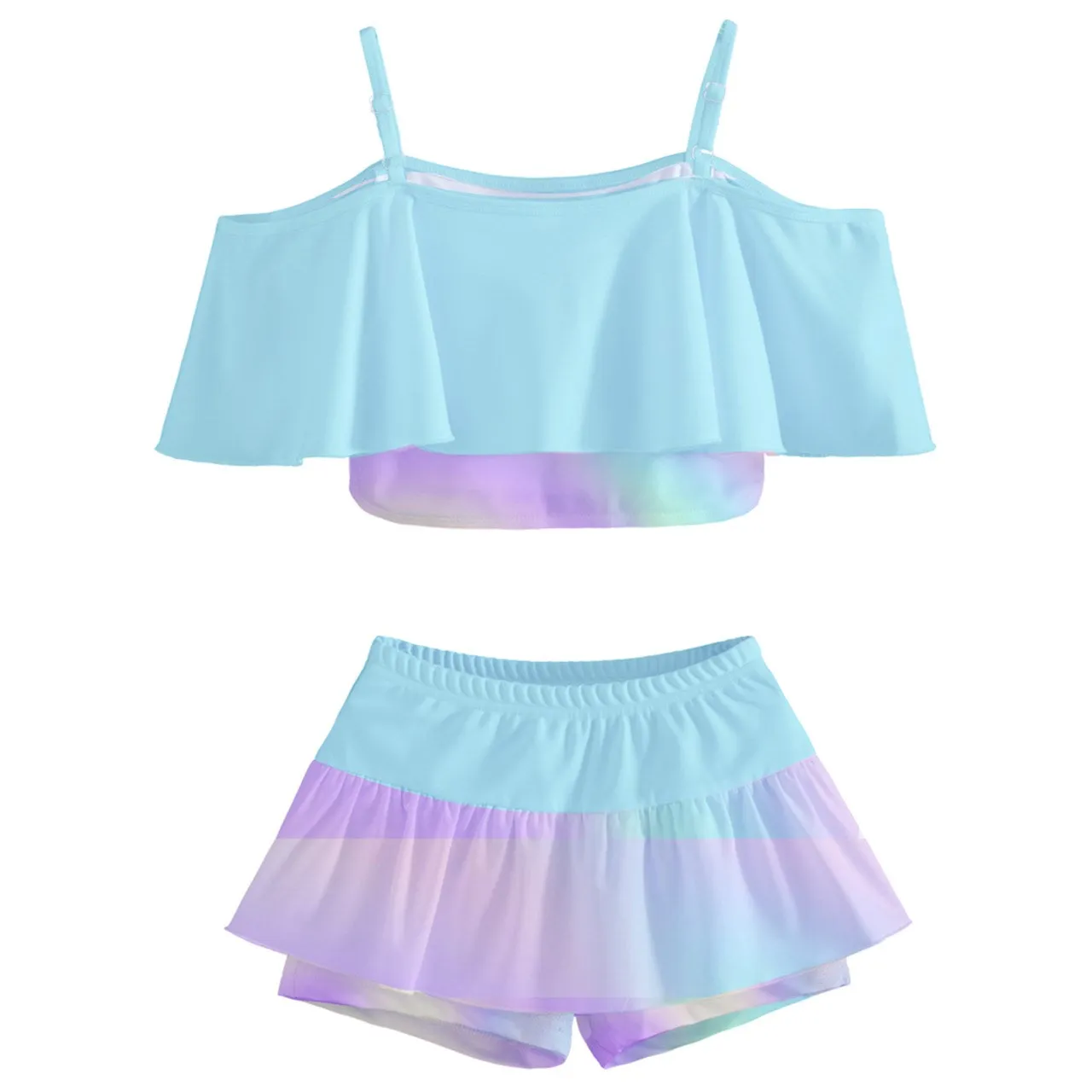 Cotton Candy Prism Kids' Off Shoulder Skirt Bikini