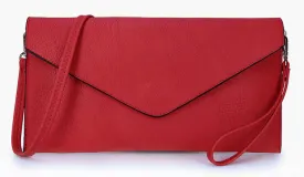 DEEP RED OVER-SIZED ENVELOPE CLUTCH BAG WITH LONG CROSS BODY AND WRISTLET STRAP