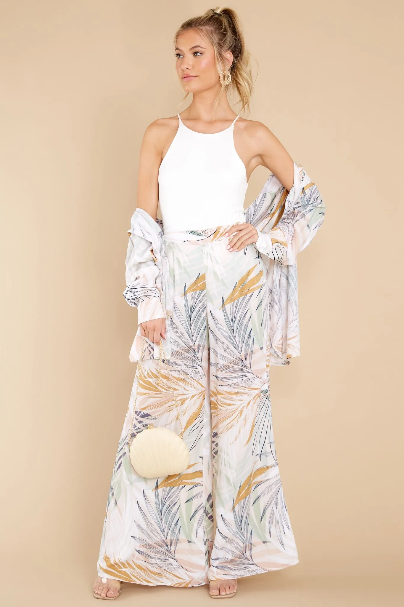 Flirty Ways Beige Palm Beach Printed Palazzo Pants