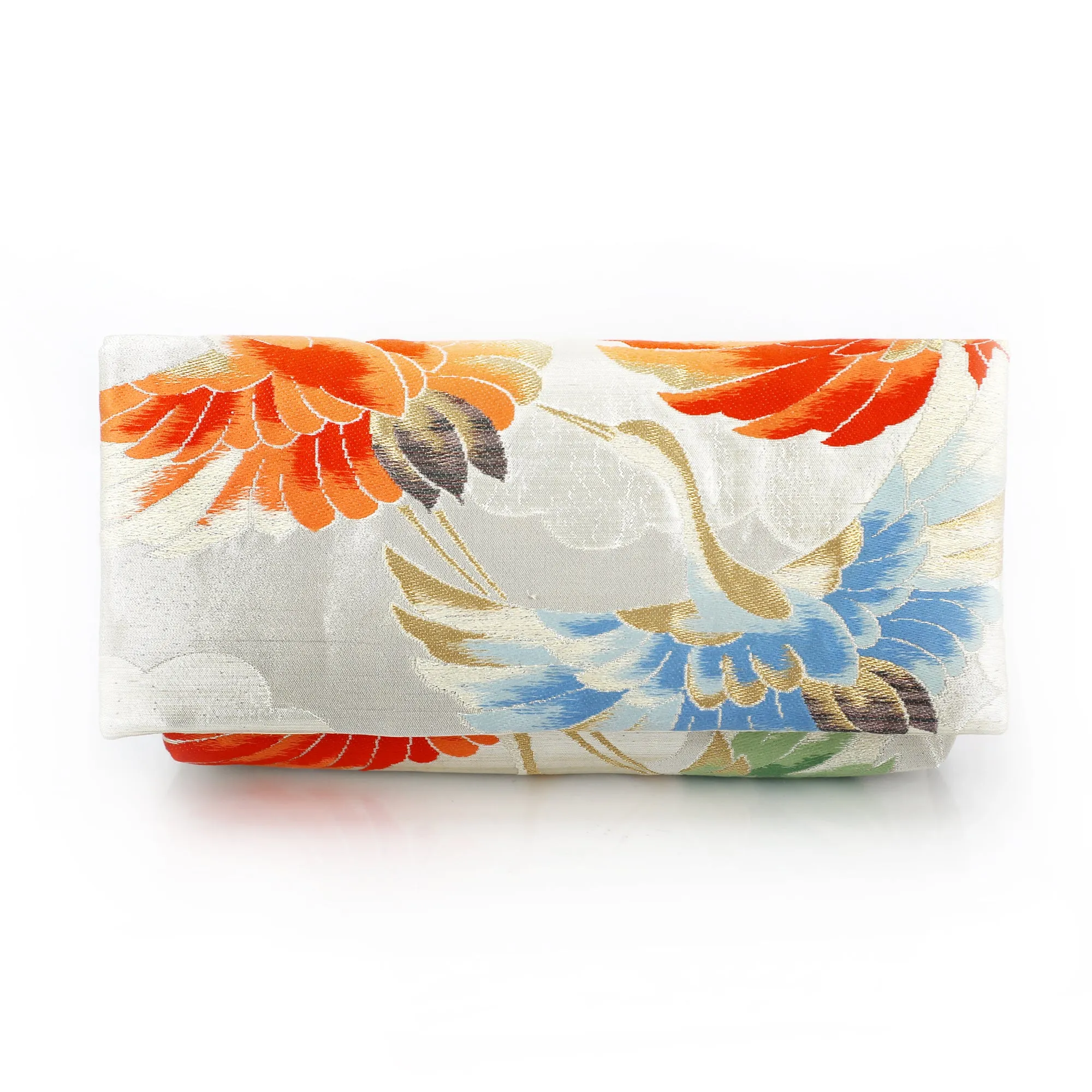 Kimono Envelope Clutch Bag with Cranes on Silver | Upcycled Kimono Obi Silk