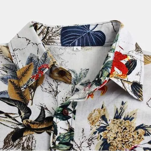 Leaves Floral Printing Flax Loose Shirt