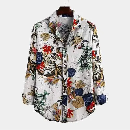 Leaves Floral Printing Flax Loose Shirt