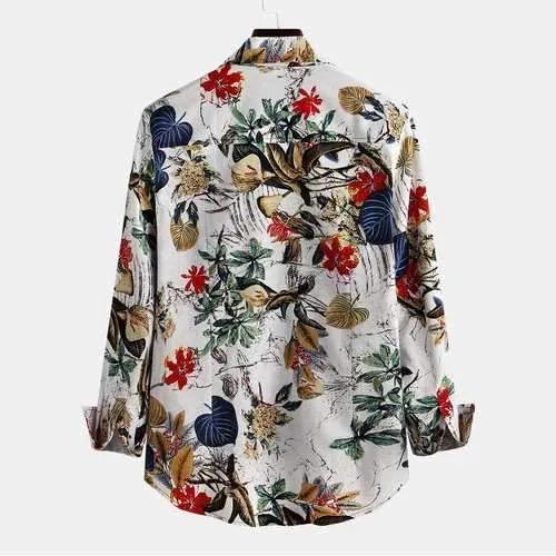 Leaves Floral Printing Flax Loose Shirt