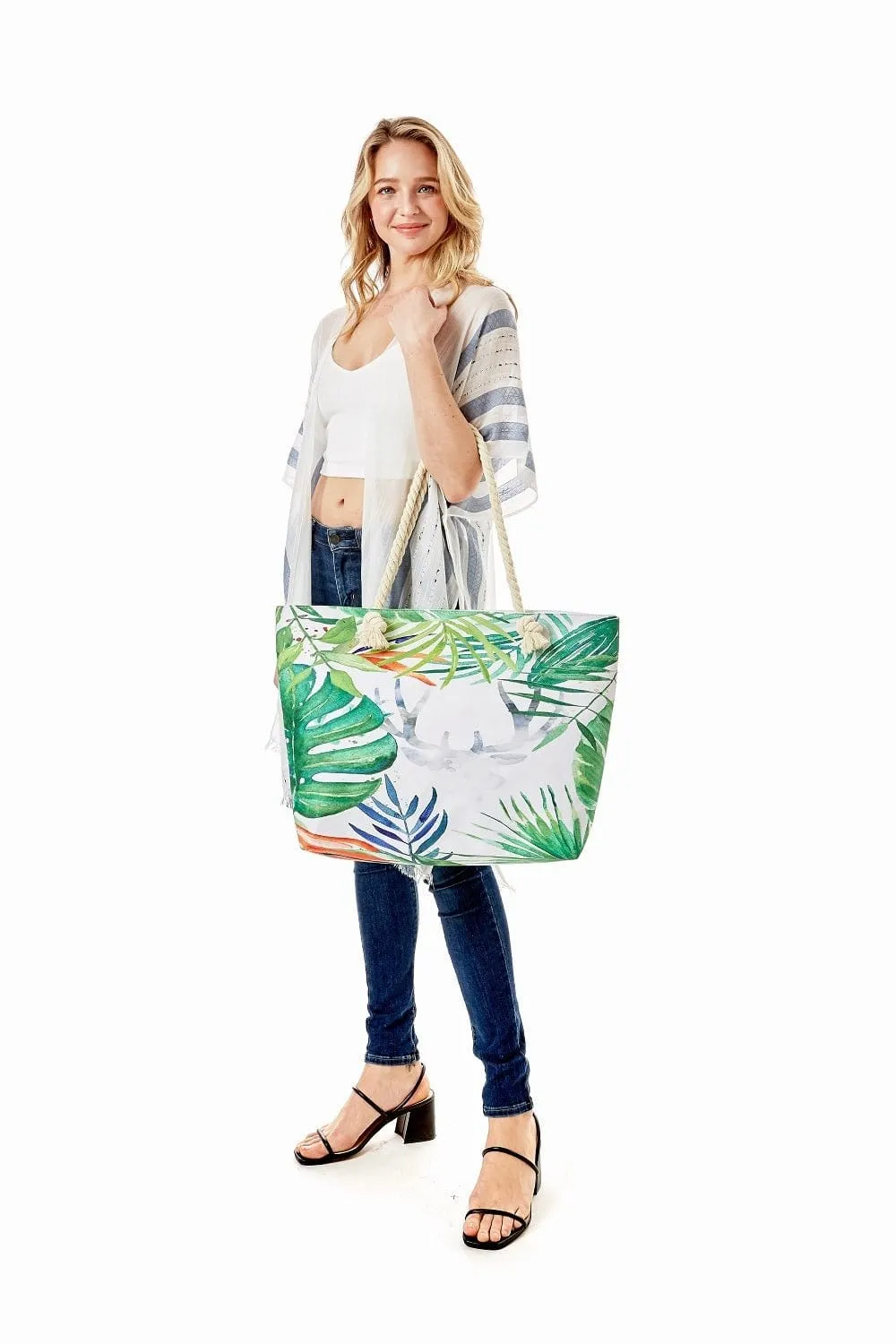 LOA329 Tropical Leaf Print Summer Beach Tote Bag