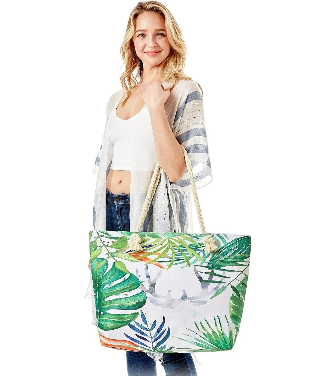 LOA329 Tropical Leaf Print Summer Beach Tote Bag