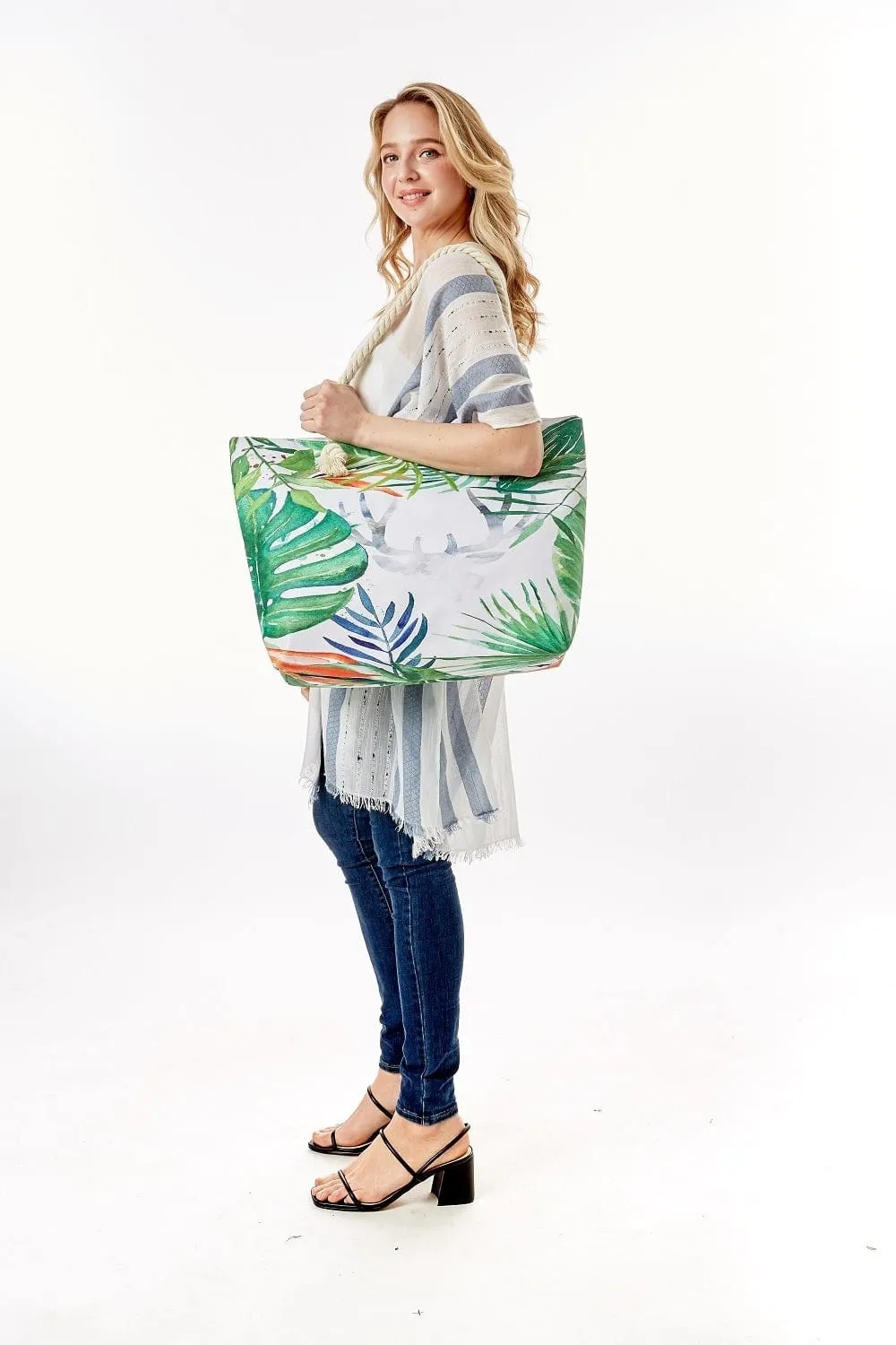 LOA329 Tropical Leaf Print Summer Beach Tote Bag