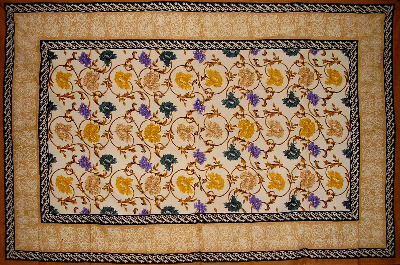 Mediterranean Floral Tapestry Cotton Bedspread 104" x 70" Twin Tan