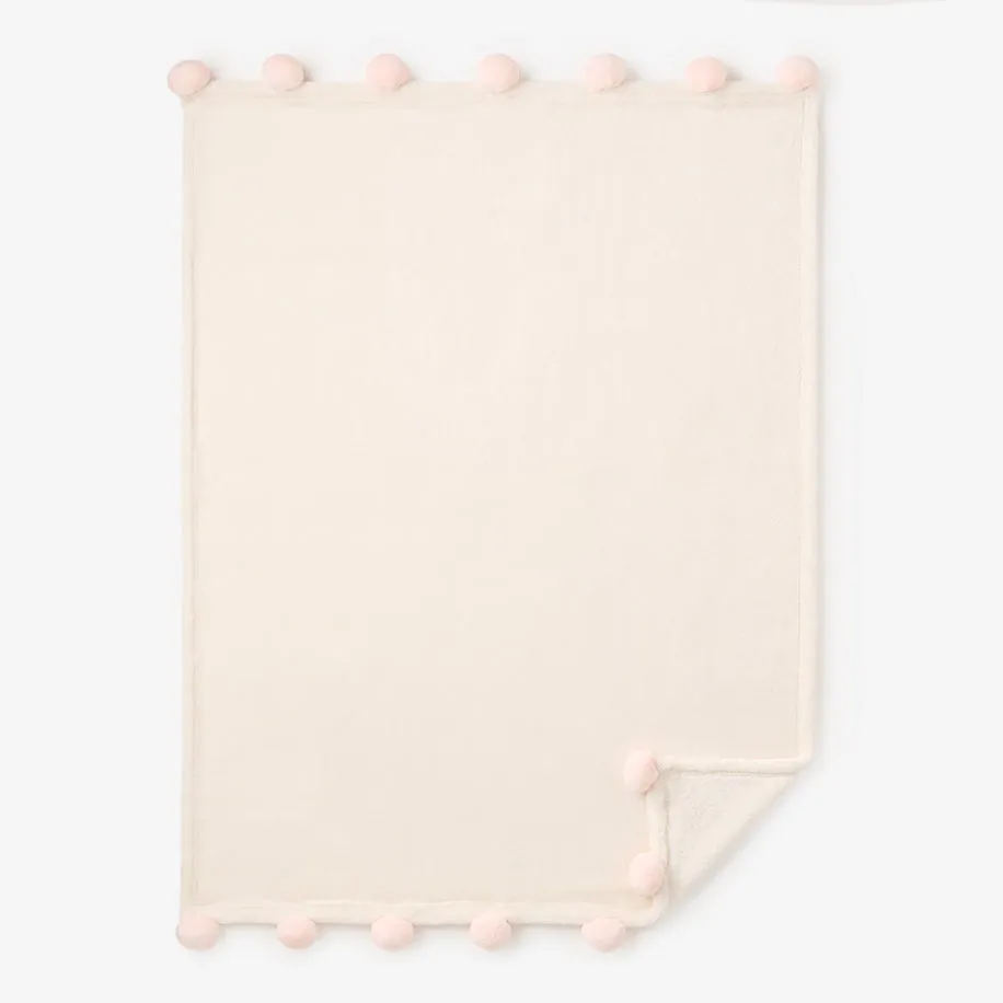 Pale Pink Pom Trim Fleece Baby Stroller Blanket