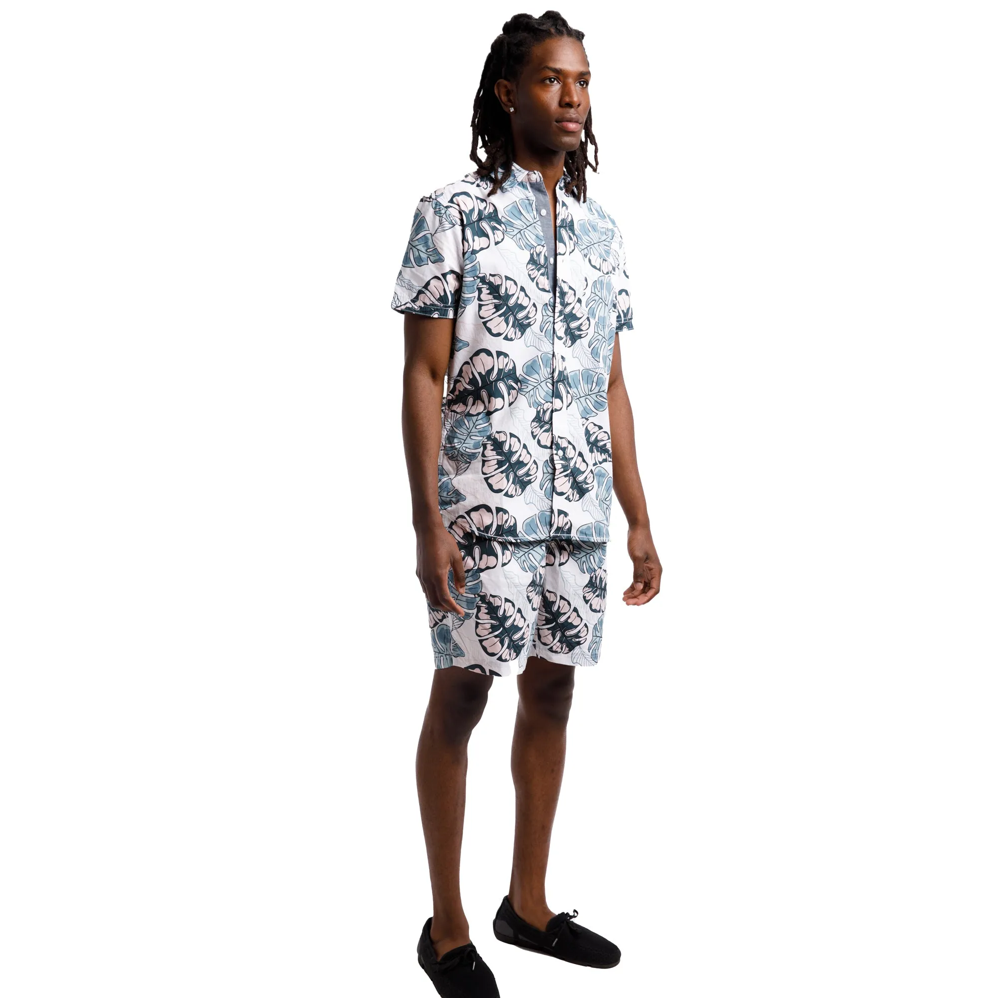 Printed Poplin Short Sleeve Button Up Shirt | Mint Tropical Leaves