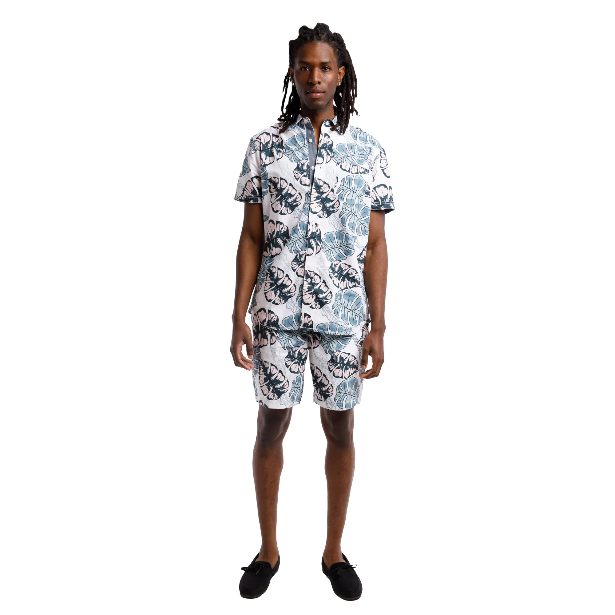 Printed Poplin Short Sleeve Button Up Shirt | Mint Tropical Leaves