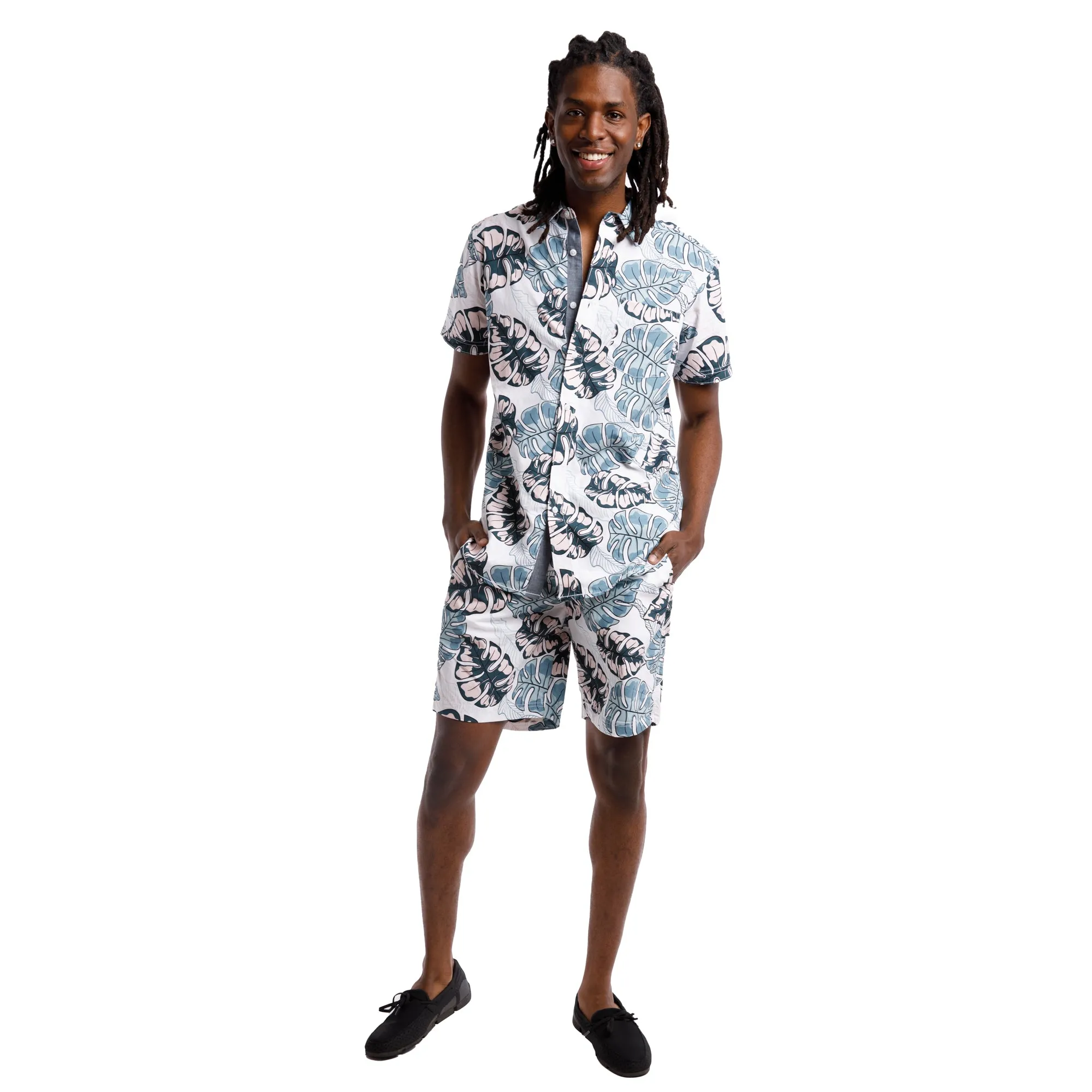 Printed Poplin Short Sleeve Button Up Shirt | Mint Tropical Leaves