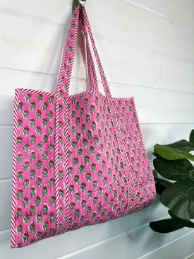 Quilted Tote Bag | Pink Floral Tote | Large Shopping Bag