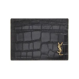 Saint Laurent Monogram Croc Embossed Leather Card Case Wallet