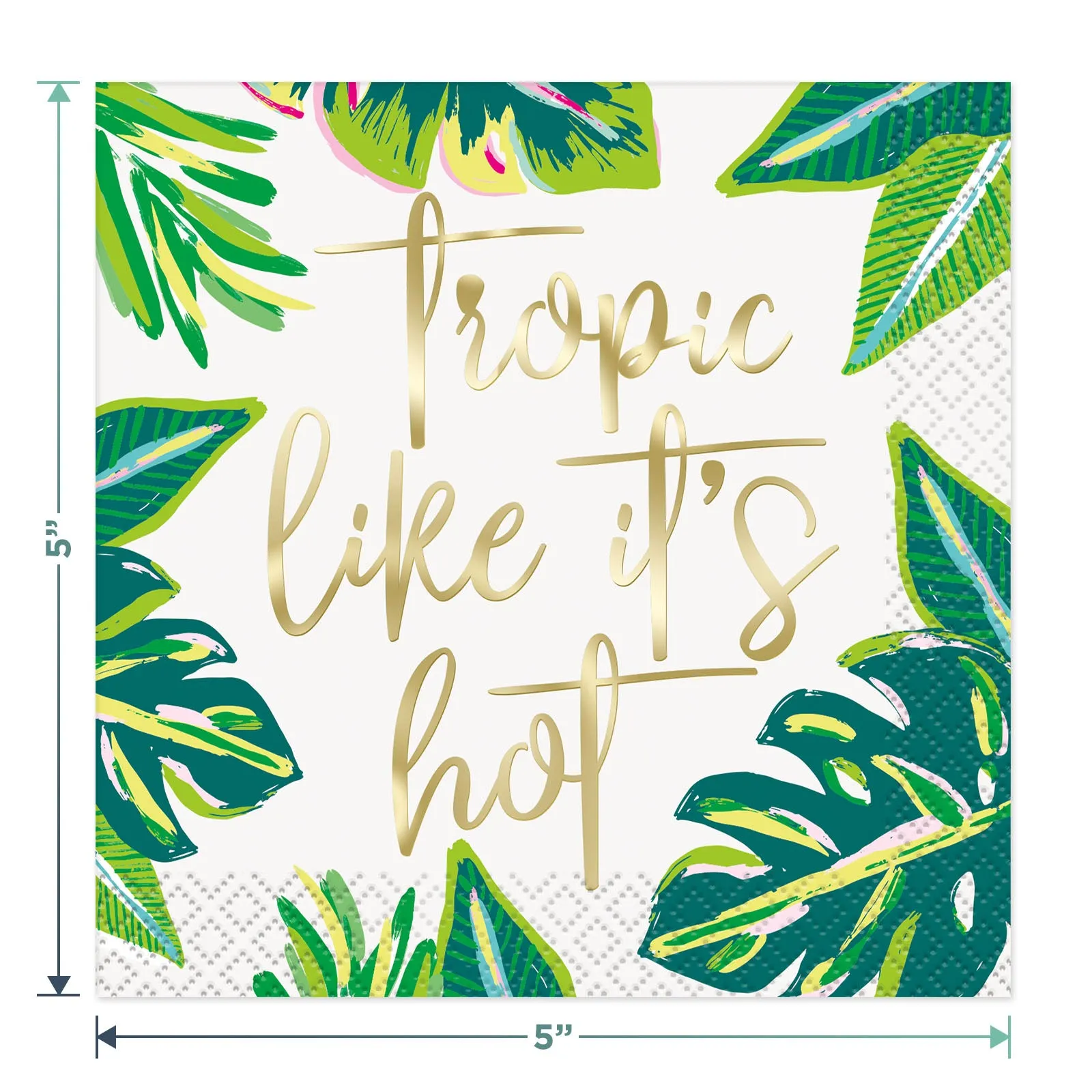 Tropical Leaves With Metallic Gold Paper Dessert Plates and "Tropic Like It's Hot" Beverage Napkins (Serves 16)