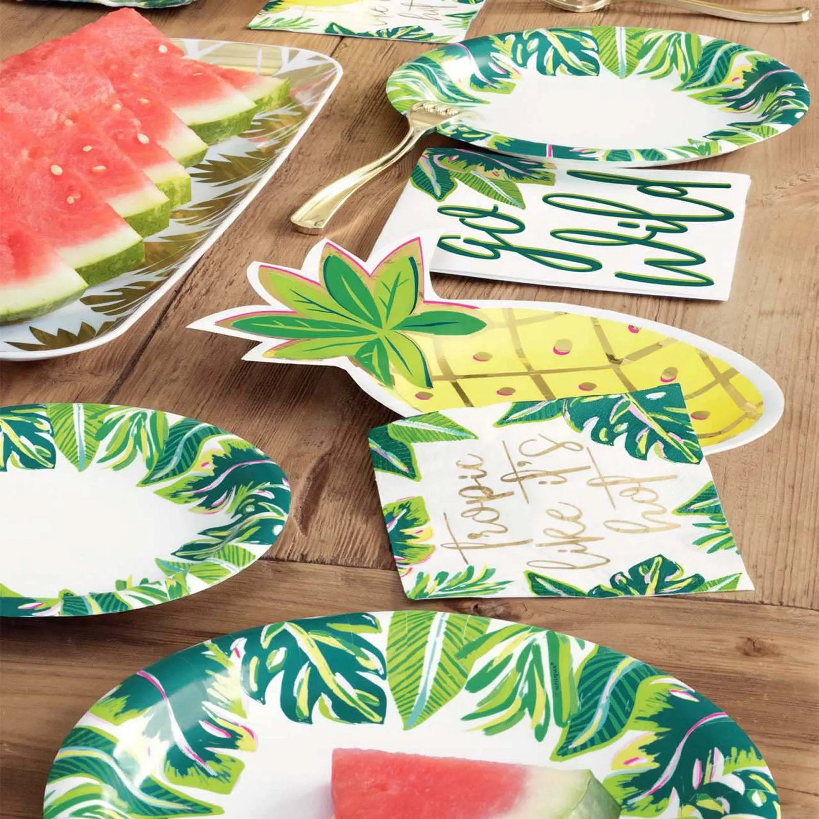 Tropical Leaves With Metallic Gold Paper Dessert Plates and "Tropic Like It's Hot" Beverage Napkins (Serves 16)