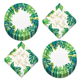 Tropical Leaves With Metallic Gold Paper Dessert Plates and "Tropic Like It's Hot" Beverage Napkins (Serves 16)