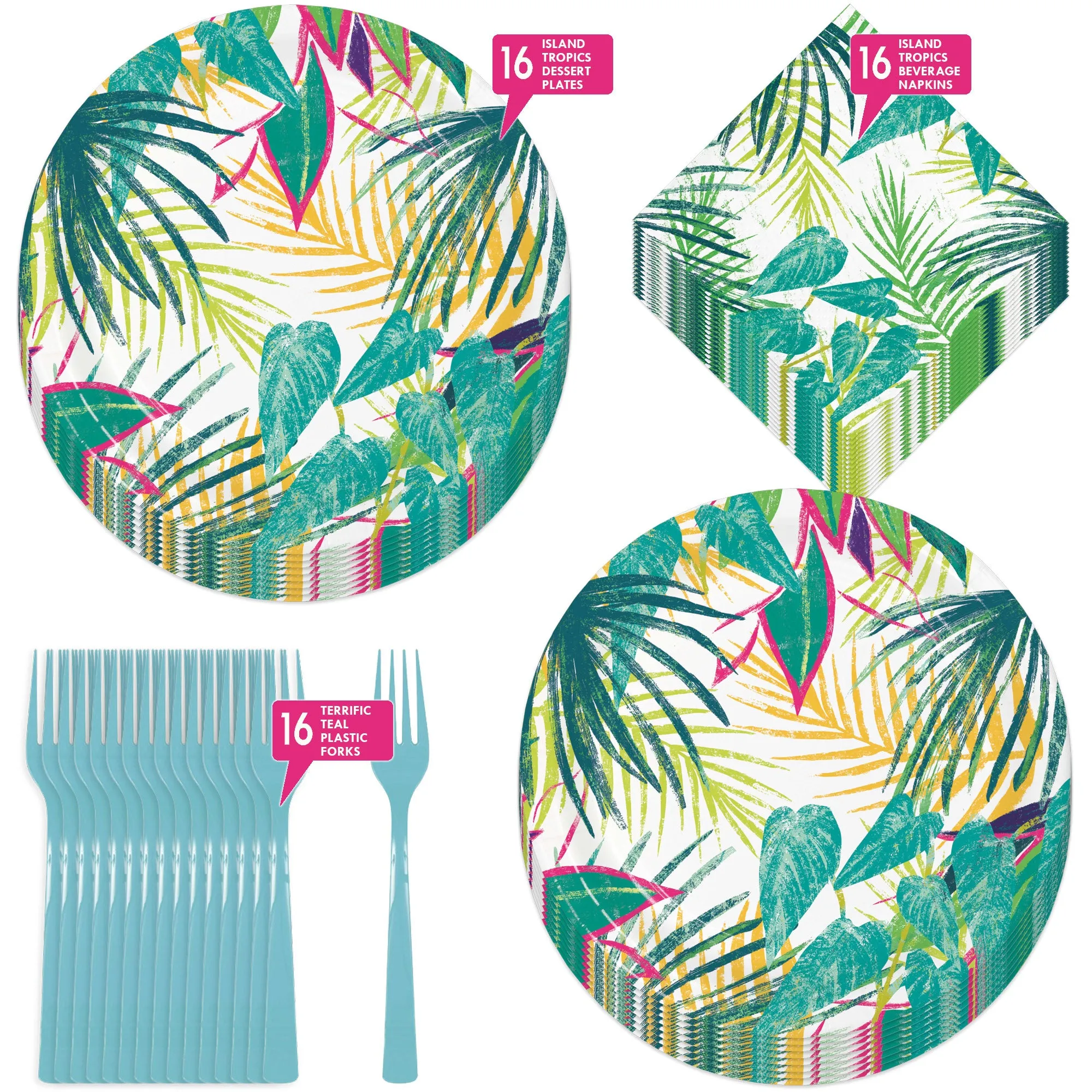 Tropical Party Supplies - Teal & Pink Island Tropics Paper Dessert Plates, Beverage Napkins, and Forks (Serves 16)