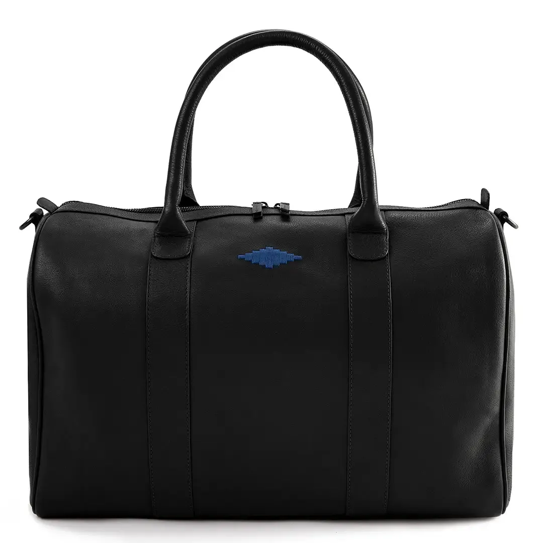 Varon Small Travel Bag - Black Leather w/ Jean Navy Stitching by Pampeano